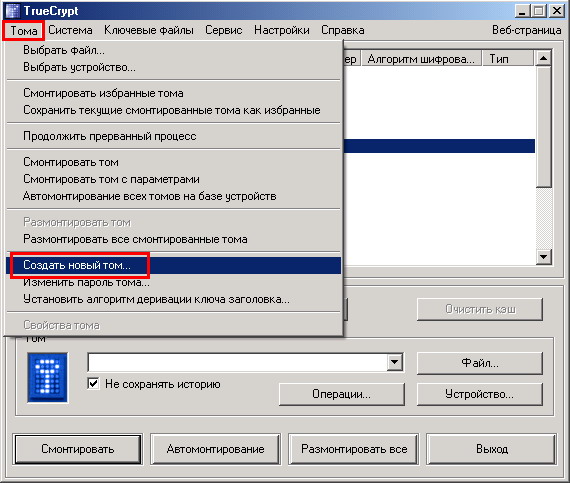 Опция "Создать новый том" Опция "Создать новый том"